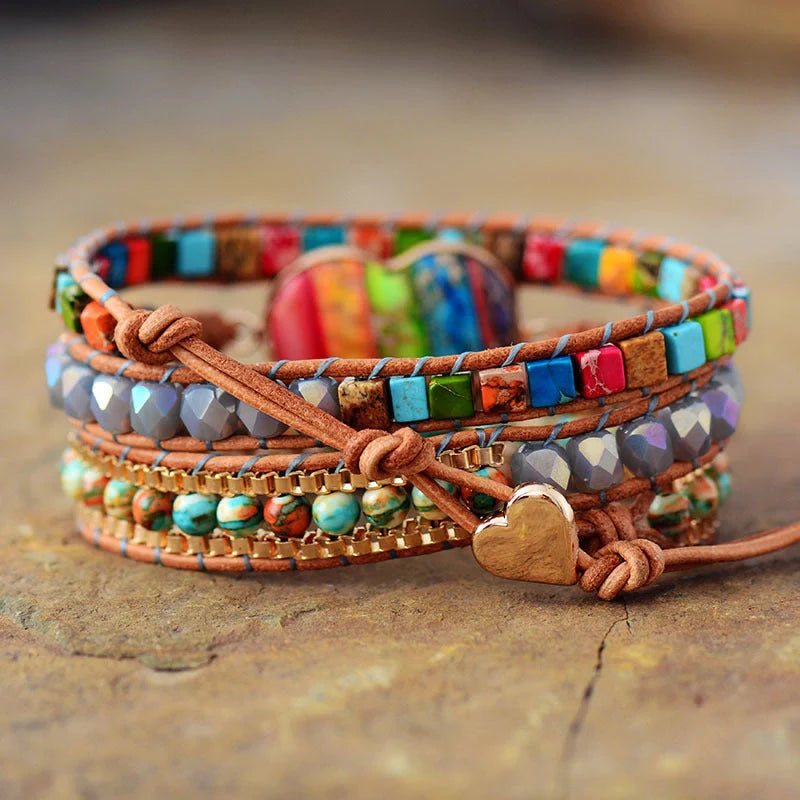 Hand-woven agate peace bracelet with heart-shaped charm