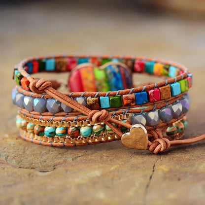 Hand-woven agate peace bracelet with heart-shaped charm