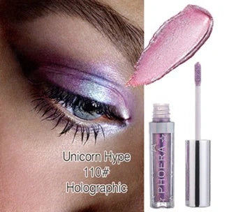 PHOERA Glitter & Glow Liquid Eyeshadow set showcasing 12 vibrant colours with 3D metallic effects