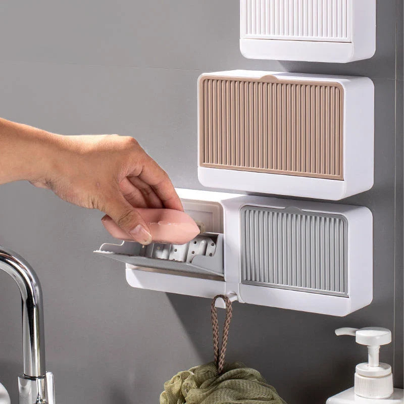 Wall-mounted bathroom storage organizer made of durable iron with compartments for storing bath essentials like sponges, soap, brushes, and towels