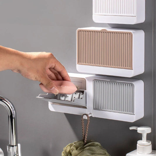 Wall-mounted bathroom storage organizer made of durable iron with compartments for storing bath essentials like sponges, soap, brushes, and towels