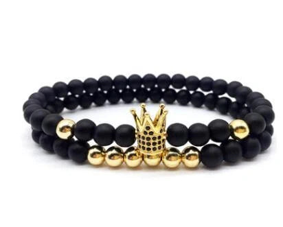 Micro-inlaid crown 6mm matte black and copper bead bracelet with zircon inlay