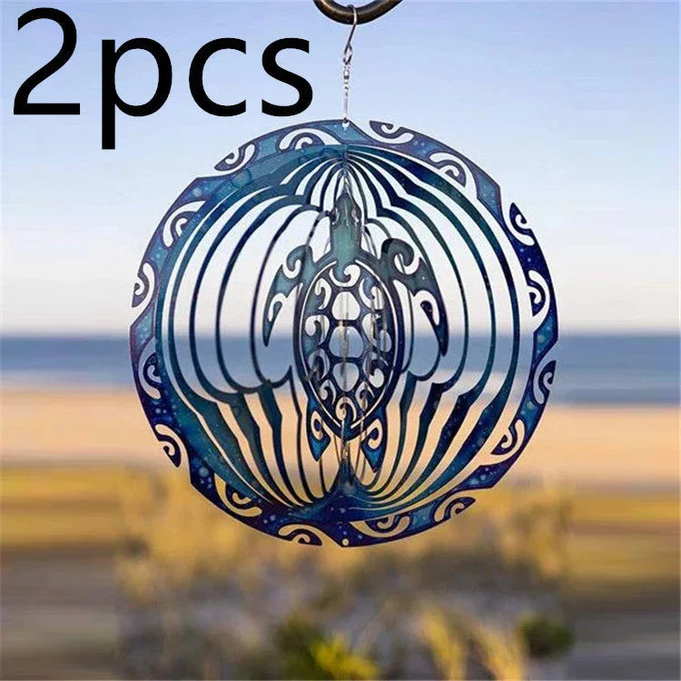 Elegant blue ocean turtle wind chime with shimmering metal blades and reflective paint, creating a captivating outdoor decoration