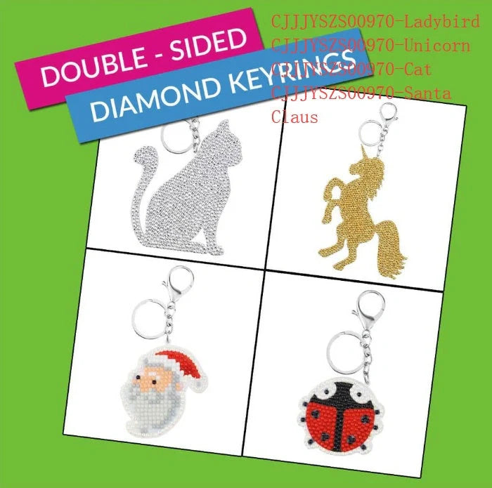 A collection of animal-themed diamond art keychains, including designs such as ladybirds, unicorns, cats, and Santa Claus figures.