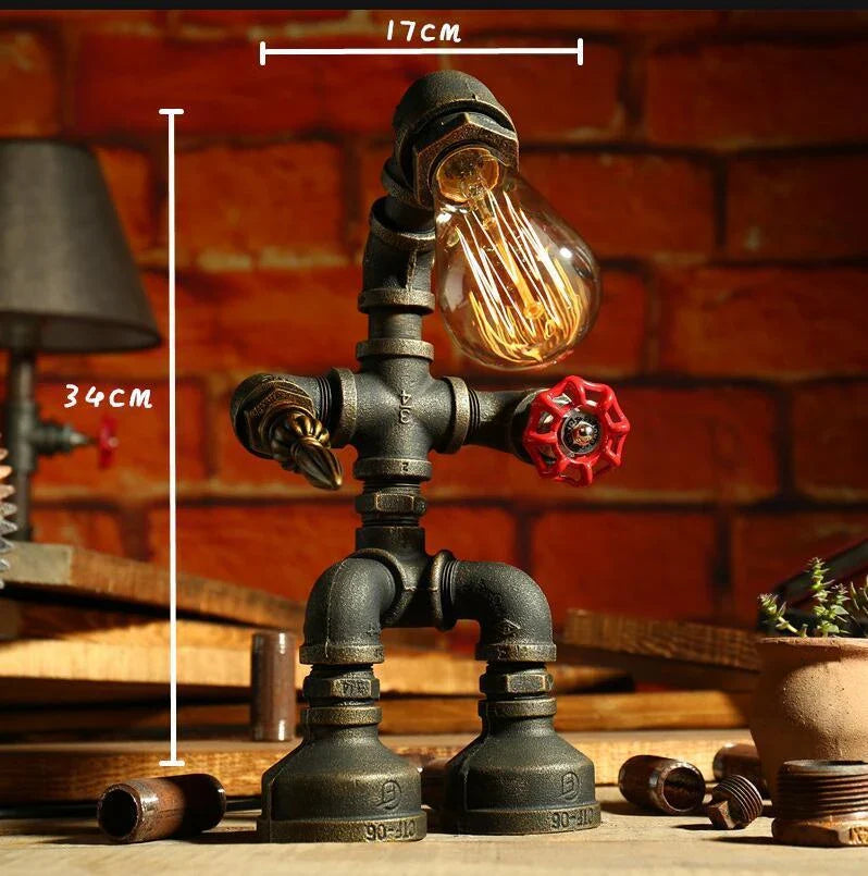 Vintage Industrial Table Lamp with Retro Water Pipe Design in Green Bronze Finish