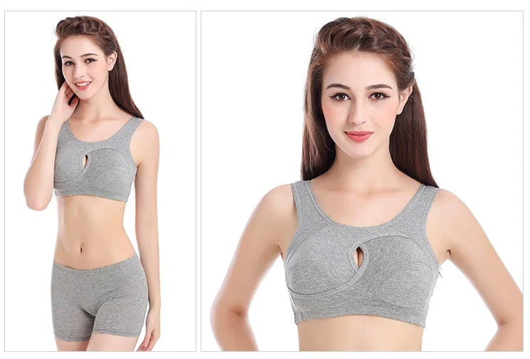 Supportive cotton sports bra with crossover design for lift and support, preventing sagging and bra lines