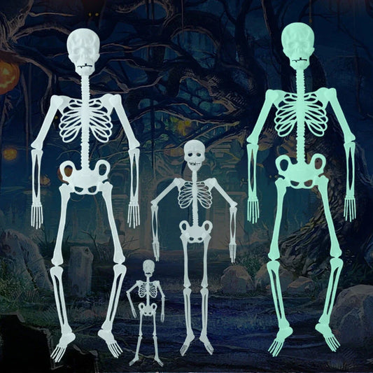 Eerie glow-in-the-dark Halloween skeleton display prop with realistic details and luminous effect