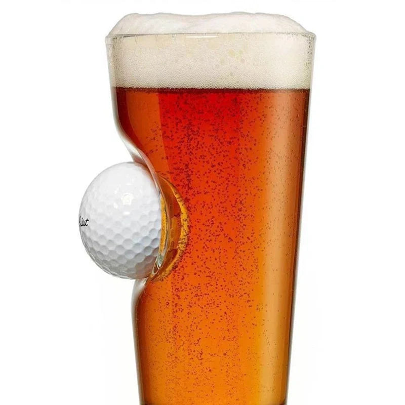 Unique golf embedded borosilicate beer mug with silicone membrane, perfect for preventing condensation.