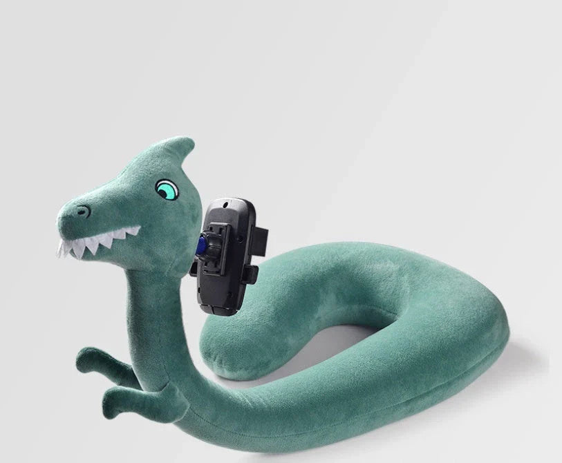 Cozy U-Shaped Pillow with Built-In Phone Holder in various colors, including Red Flamingo, Pink Unicorn, Orange Giraffe, Gray Snake, and Lagoon Dinosaur