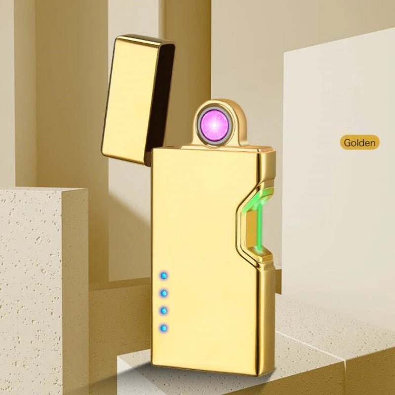 USB rechargeable rotating lighter with metal construction, lacquered finish, and windproof design for safe, eco-friendly ignition