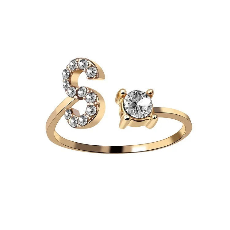 Customizable adjustable ring with 26 letters for women, featuring zircon stones and copper alloy construction