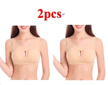 Supportive cotton sports bra with crossover design for lift and support, preventing sagging and bra lines