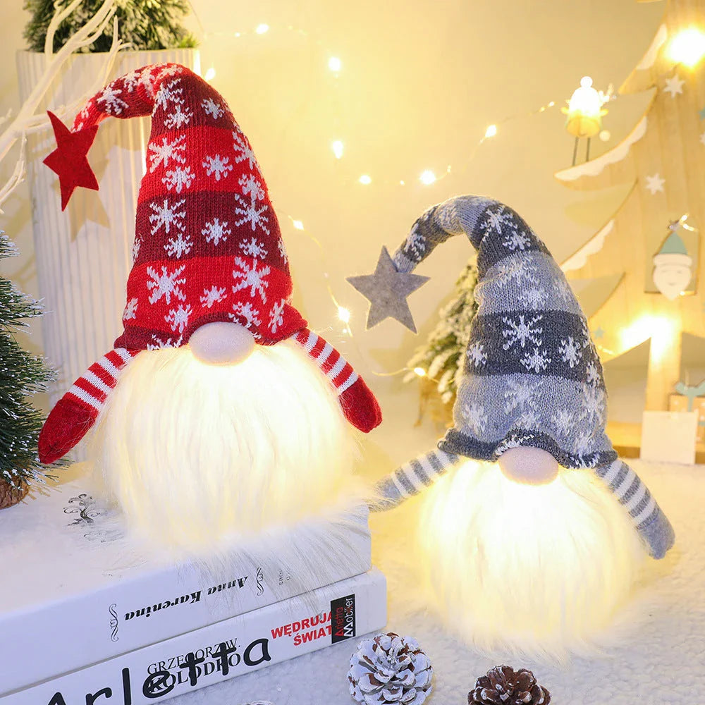 Festive faceless gnome figures in various colours, including green, red, and grey, adding a whimsical touch to Christmas home decor
