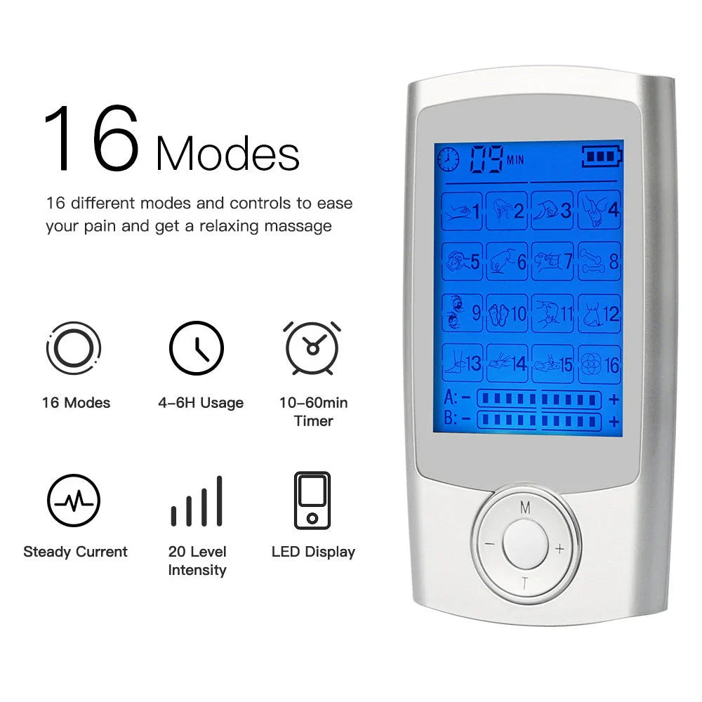 Digital physiotherapy TENS massager with 16 massage modes, adjustable intensity and timer, dual output channels, and compact design for pain relief and muscle relaxation