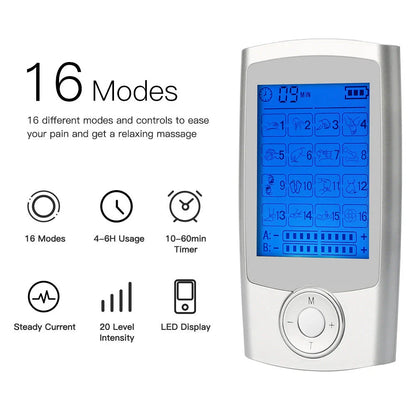 Digital physiotherapy TENS massager with 16 massage modes, adjustable intensity and timer, dual output channels, and compact design for pain relief and muscle relaxation