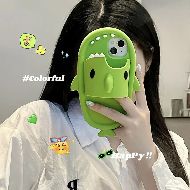 Shark slipper silicone phone case for iPhone 11-14 Pro Max in green