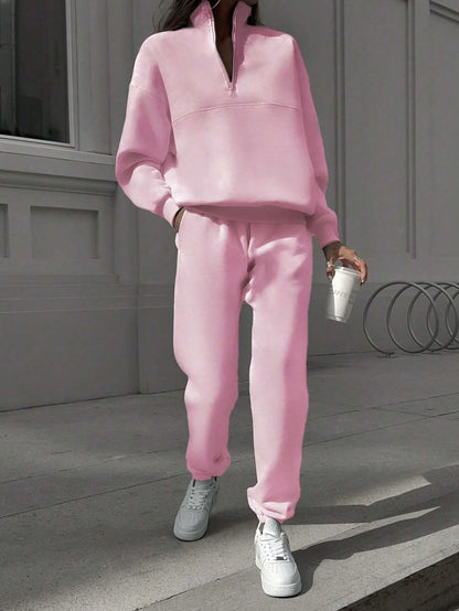 Women's long-sleeved sports sweatshirt suit with stand-up collar and elastic band trousers