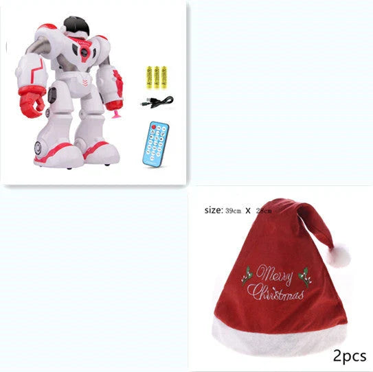 Remote-controlled dancing robot toy with gesture-sensing controls, preprogrammed songs and dances, and customizable programming capabilities