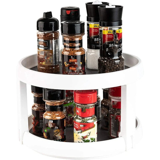 Two-tier rotary kitchen spice organiser in grey and white