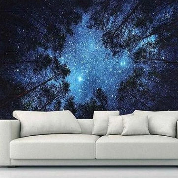 Forest starry tapestry wall hanging with detailed celestial and nature design, 100% polyester
