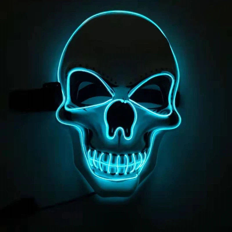A glowing skull-shaped Halloween mask with adjustable straps and three lighting modes: constant, slow flash, and rapid pulse
