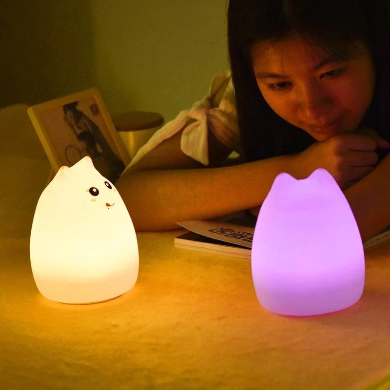 Adorable cat design silicone touch sensor LED night light for children with colour-changing feature
