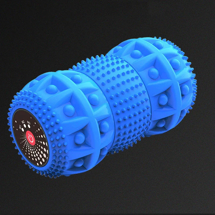 Electric deep tissue foam roller with vibrating peanut massage ball in blue-black grey