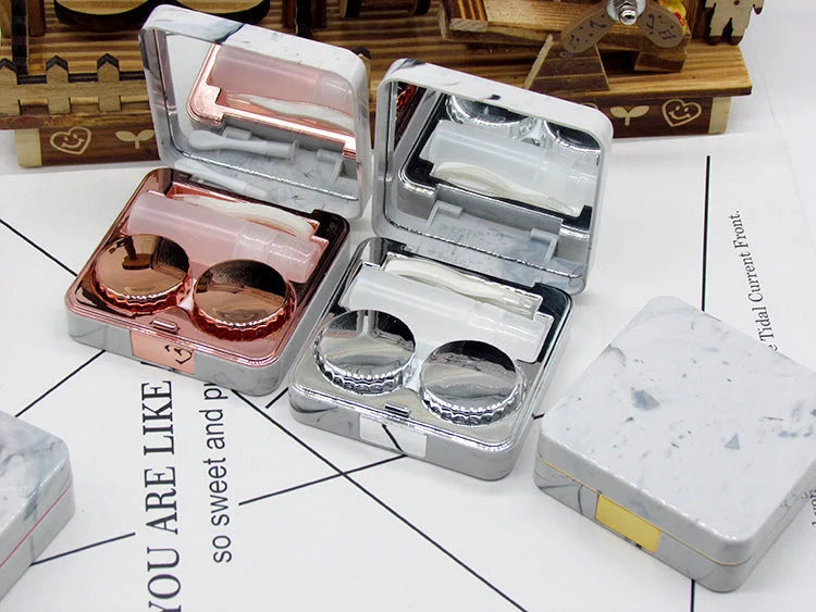 Square marble design contact lens case with mirror and accessories