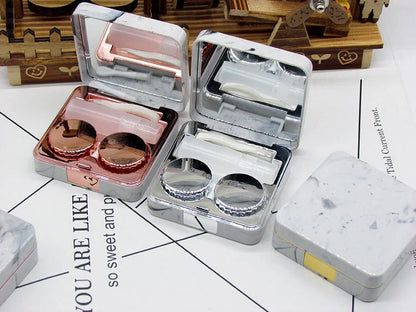 Square marble design contact lens case with mirror and accessories