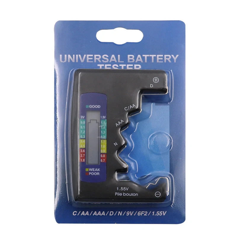 Universal Digital Battery Tester with LCD display for checking AA, AAA, 9V, and button cell batteries