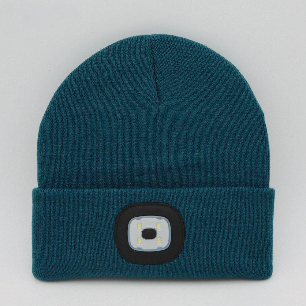 LED Knit Hat with built-in light for night visibility, made from 100% wool