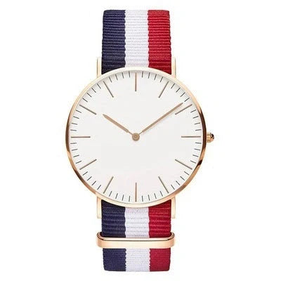 Nylon strap watch with round dial and quartz movement available in ten colours