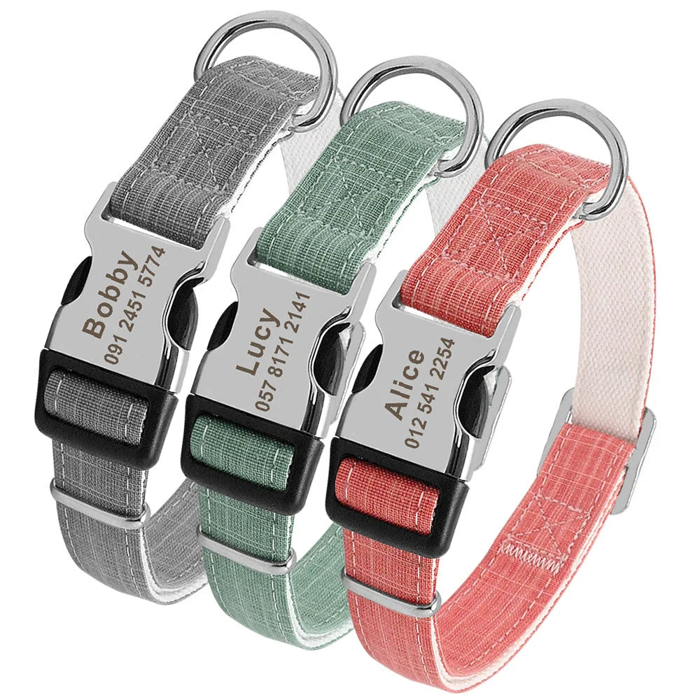 Customisable nylon dog collar with engraved dog tag in various colours