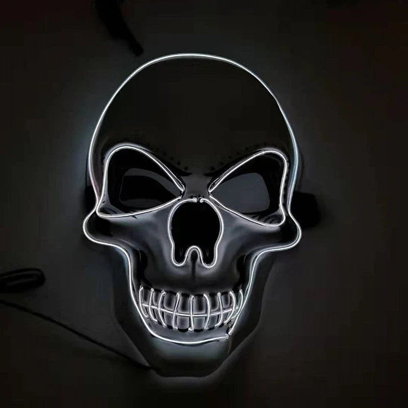 A glowing skull-shaped Halloween mask with adjustable straps and three lighting modes: constant, slow flash, and rapid pulse