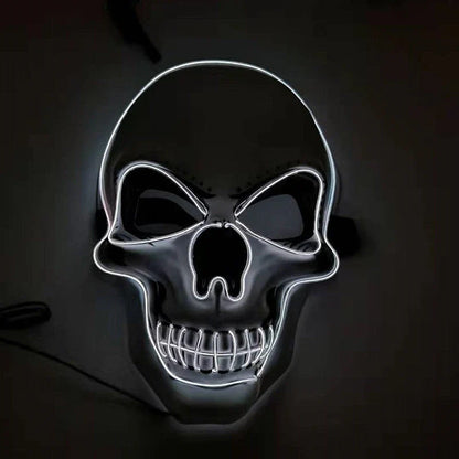 A glowing skull-shaped Halloween mask with adjustable straps and three lighting modes: constant, slow flash, and rapid pulse