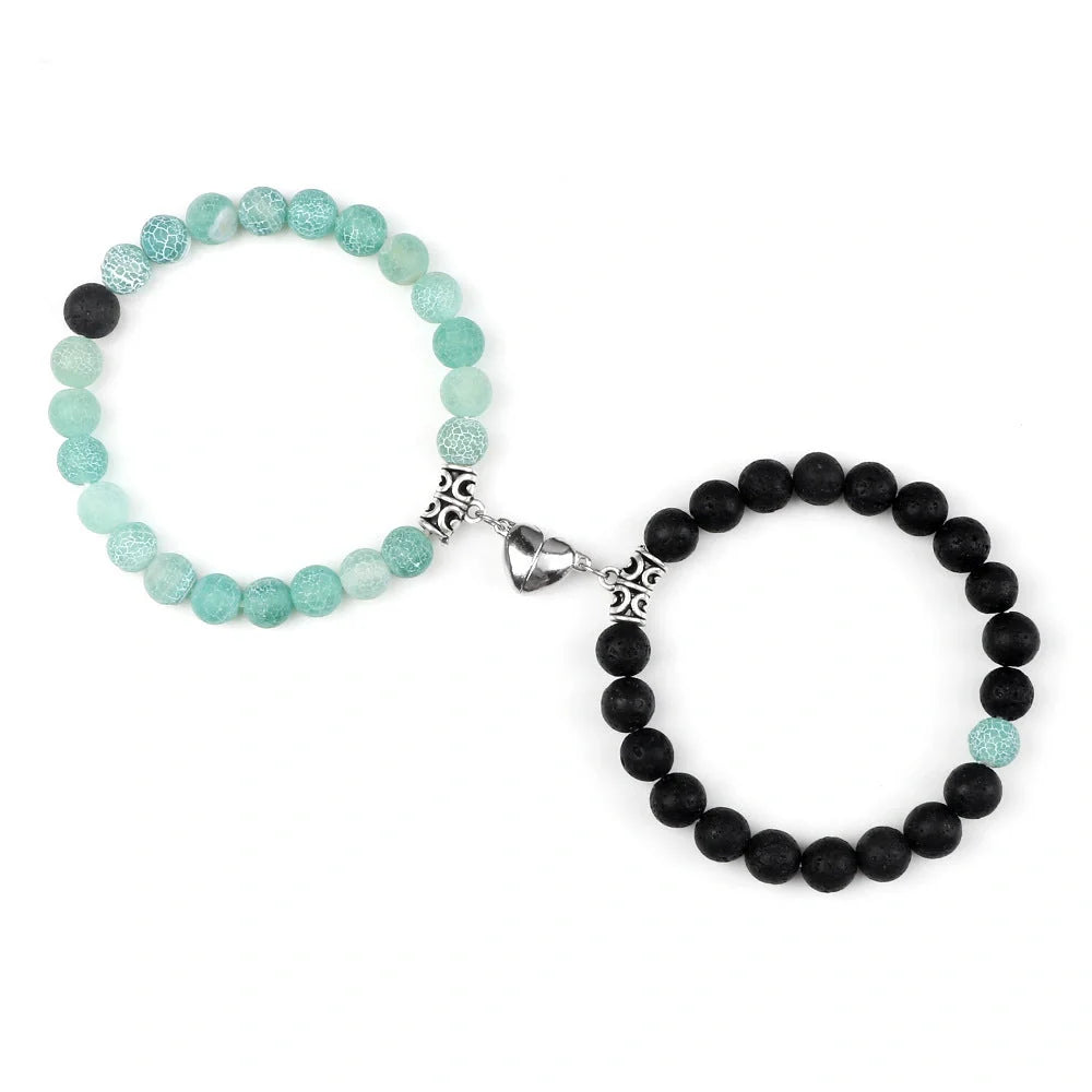 Turquoise Peach Heart Magnet Couple Design Bracelet with chamfered square pattern and magnetic clasp
