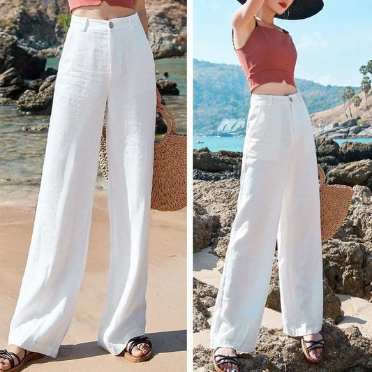 Stylish and comfortable cotton and linen trousers for British women, featuring a high-waist, straight-leg design in a range of classic colours.