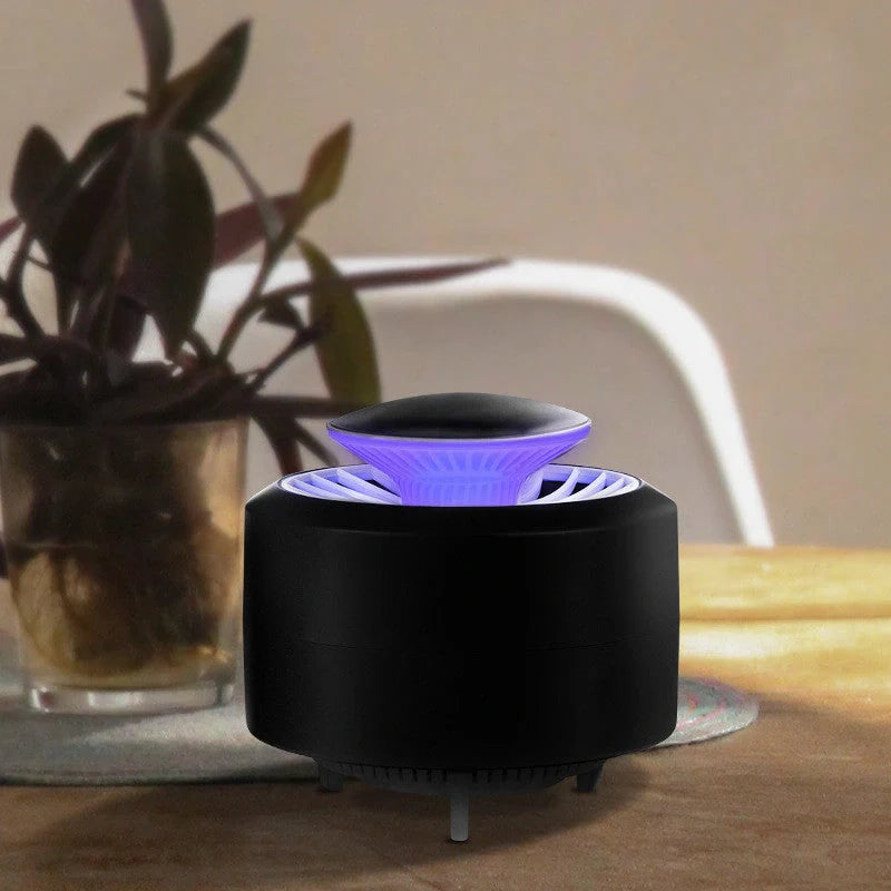 USB Electronic LED Mosquito Repellent Lamp in black and white, featuring escape-proof cage and removable tray