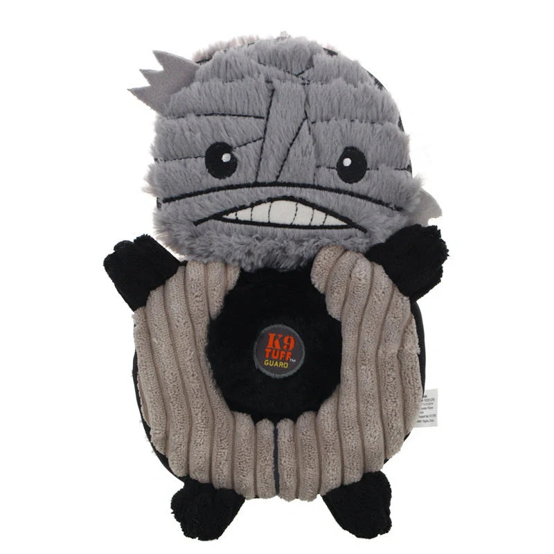 Halloween-themed plush dog toys with squeak features in grey, orange, and green
