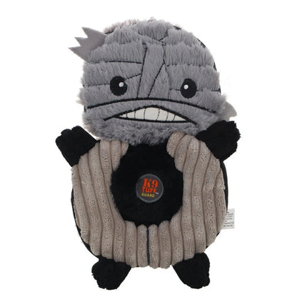 Halloween-themed plush dog toys with squeak features in grey, orange, and green