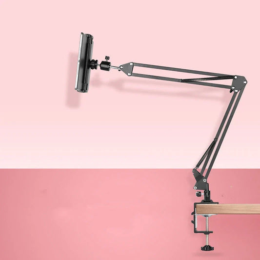 Versatile desktop phone and tablet holder with adjustable arm and 360-degree rotation for easy device positioning