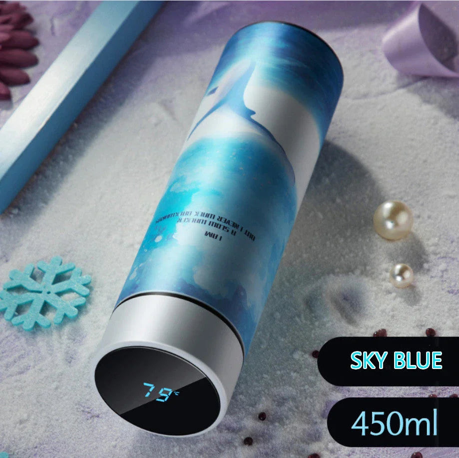 Premium stainless steel vacuum flask with LED touch display for temperature monitoring, available in various colors and sizes