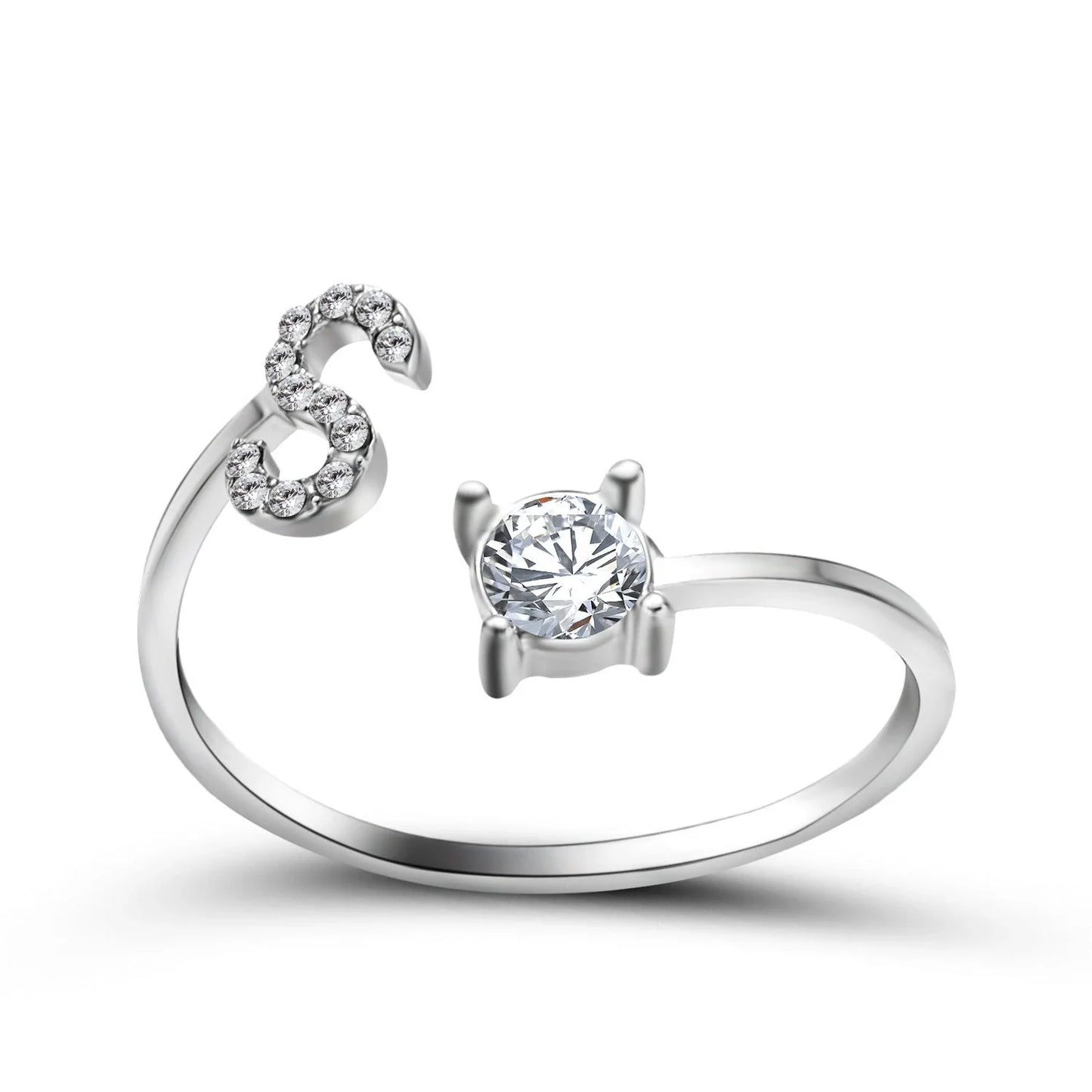 Customizable adjustable ring with 26 letters for women, featuring zircon stones and copper alloy construction