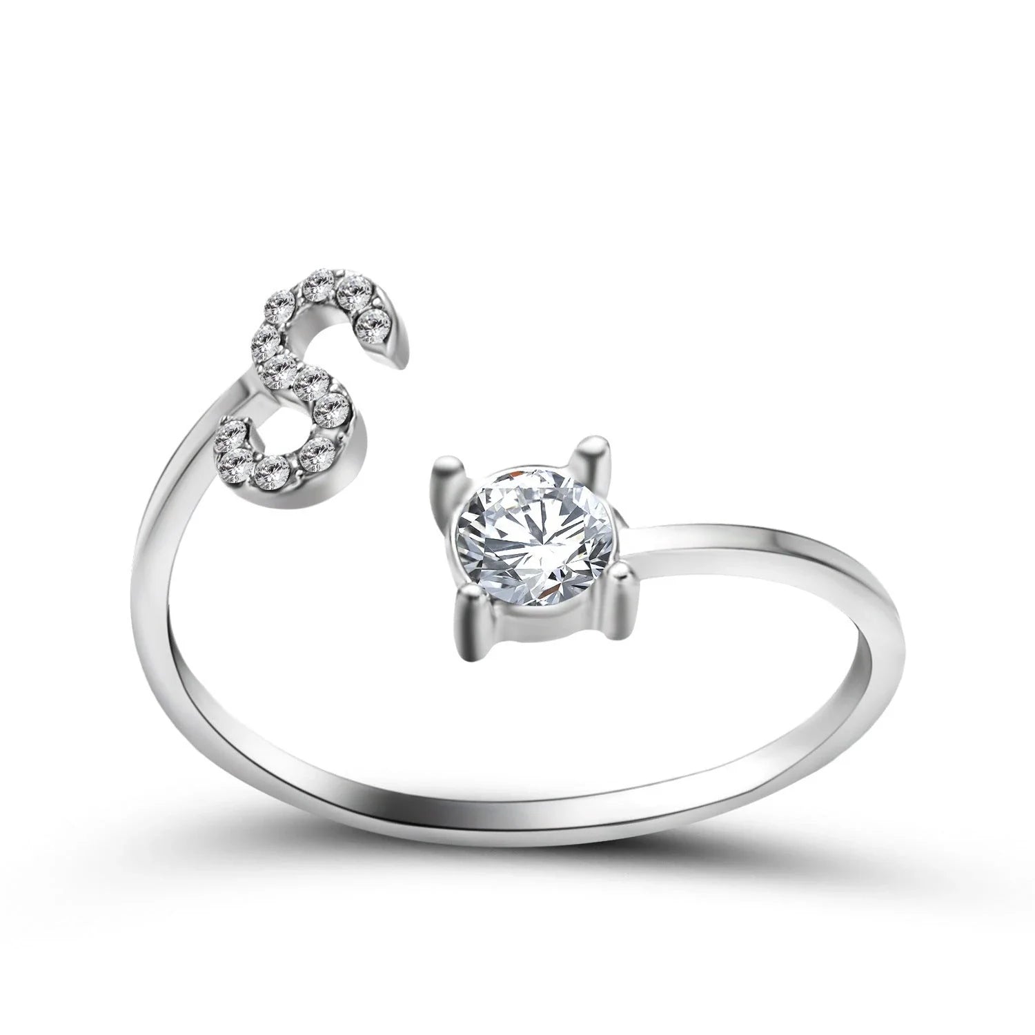 Customizable adjustable ring with 26 letters for women, featuring zircon stones and copper alloy construction