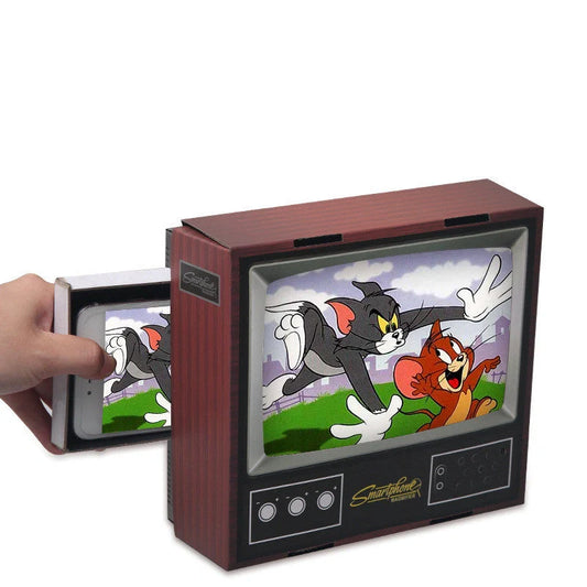 Vintage TV-styled cardboard magnifier for mobile phones, projects onto 8'' screen