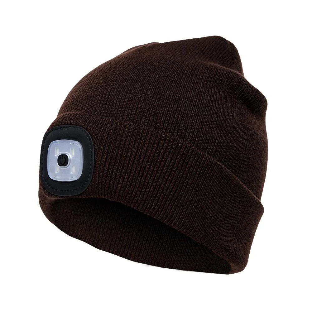 LED Knit Hat with built-in light for night visibility, made from 100% wool