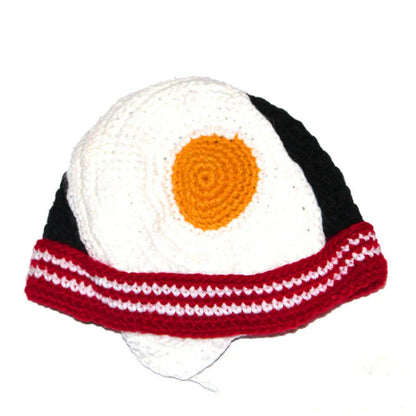 Hand-knitted egg hat in white with stripe pattern, perfect for winter and parties