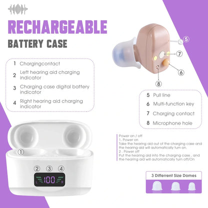 Portable hearing aid charging case with sound amplifier in sleek skin color