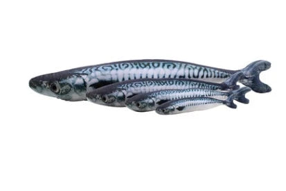 Soft, durable and realistic cat plush toy in the shape of a fish pillow, available in various sizes and designs.