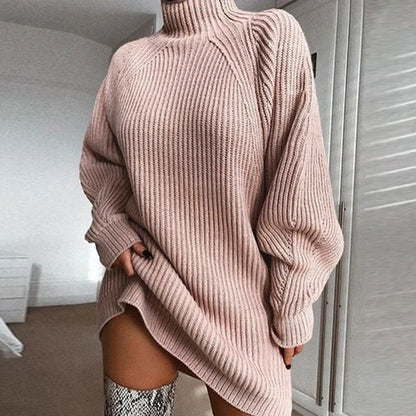 Women's winter turtleneck long sweater dress in imitation cotton, available in multiple colours